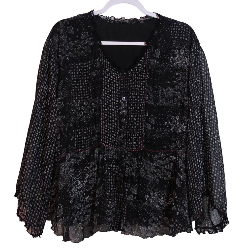 Coldwater Creek Dark Romantic Semi Sheer Button Front Blouse Sz L